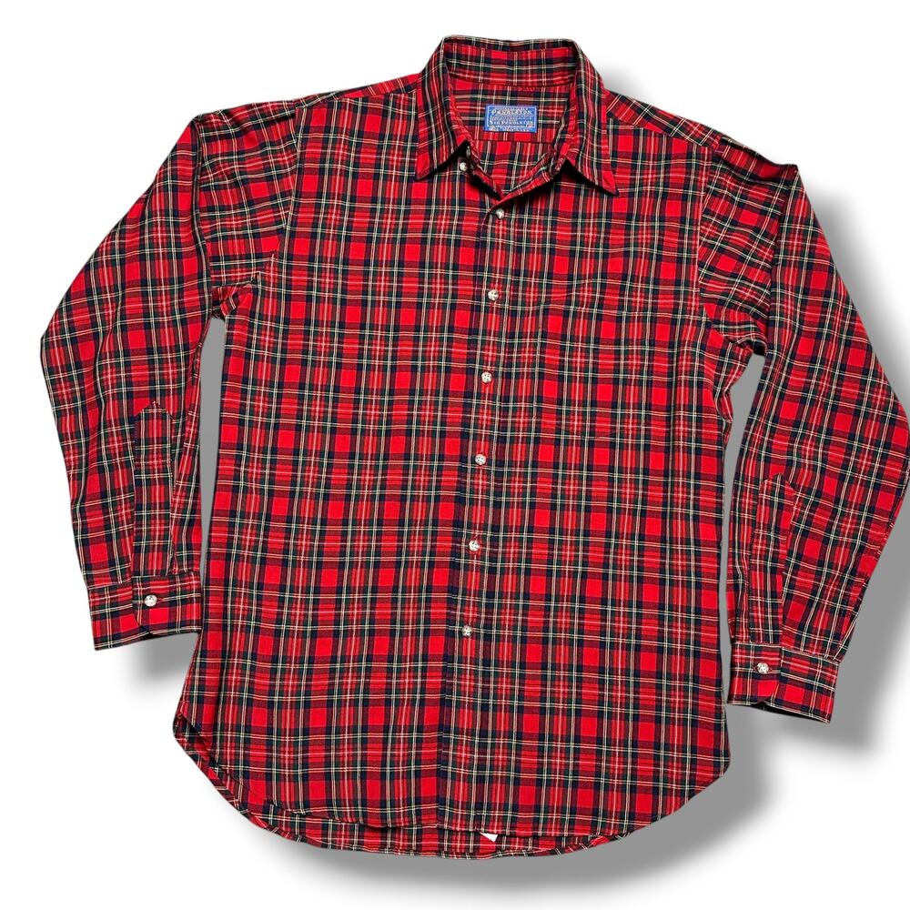 Vintage 60s Pendleton 100% Wool Button Down Shirt Stewart Plaid Tartan Red Sz M